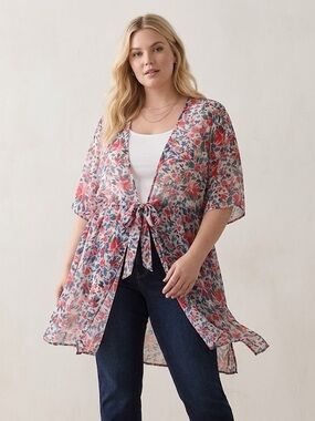 Penningtons Floral Chiffon Kimono Tie Front Sheer Layering Cover-Up Top size 1X